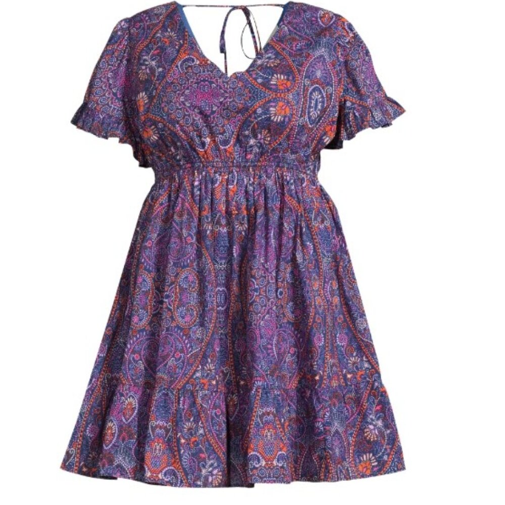 Terra & Sky Women's Plus Size Surplice Midi Dress, Boho Paisley/Blue Comet